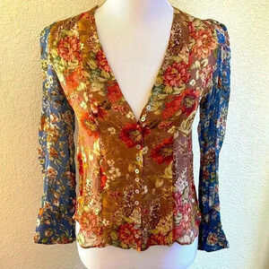 Zara Y2K Button Down Sheer Blouse Top Shirt Long Sleeve Fall Autumn Floral: XS